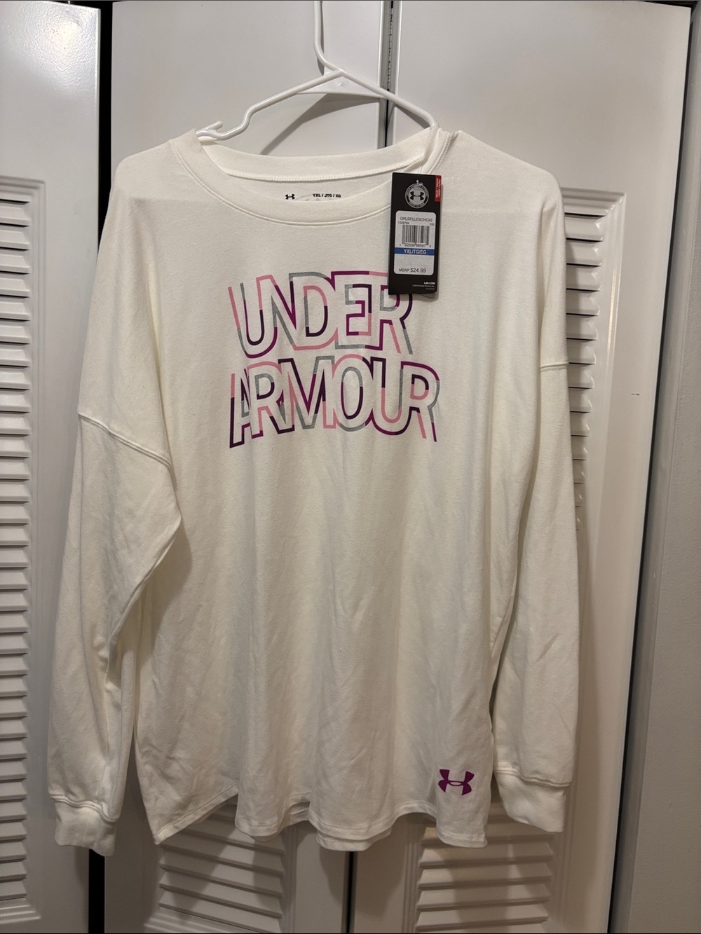 Under Armour Cream Long Sleeve Tee with Pink & Purple Logo